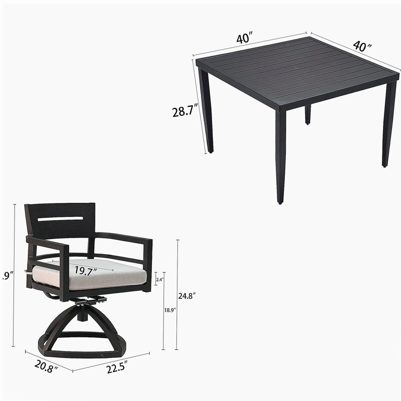 5-Piece Outdoor Patio Aluminum Furniture, Modern Dining Set, including 4 Swivel Rockers  Sunbrella Fabric Cushioned and 40" Square Dining Table with Umbrella Hole, Ember Black