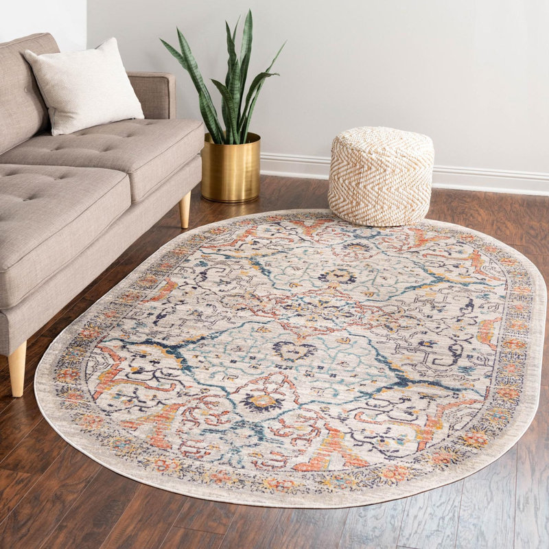 Alkire Floral Ivory/Navy/Yellow/Orange Area Rug, Oval 2'2" x 3'1"