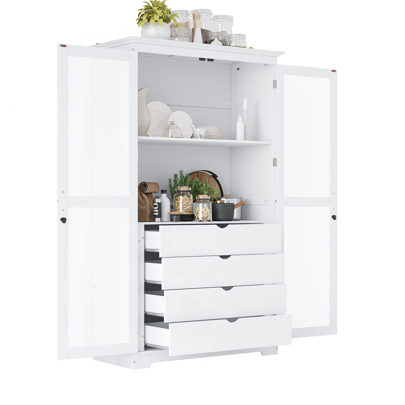 Très grand garde-manger autoportant avec portes en verre et quatre tiroirs intégrés, Blanc