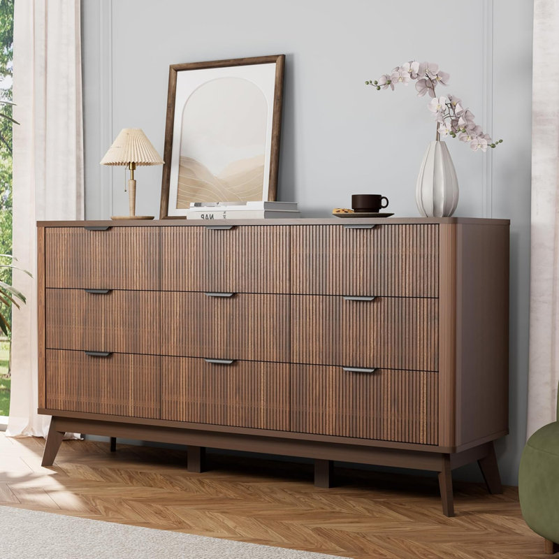 Fluted 9-Drawer Dresser 59'' Wide Wood Chest With Metal Handle, Brown, Brown