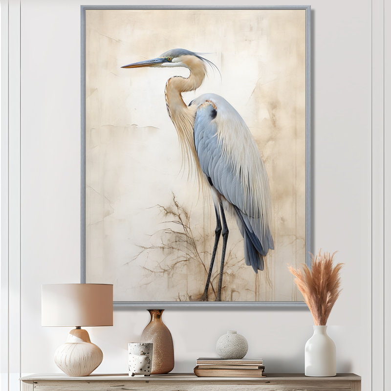 «Majestic Blue Heron Horizon II», art mural héron, H 32 po x l 24 po x P 1 po, Encadrement argenté