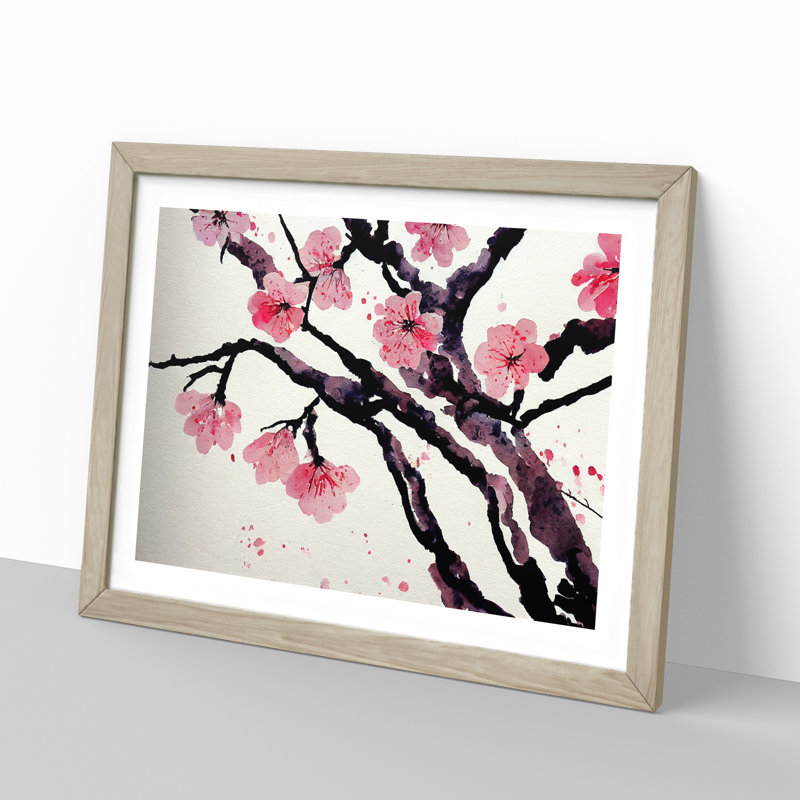 Cherry Blossom Flower Watercolour Vol.1 - Single Picture Frame Painting, 34cm H x 46cm W x 2cm D, Oak
