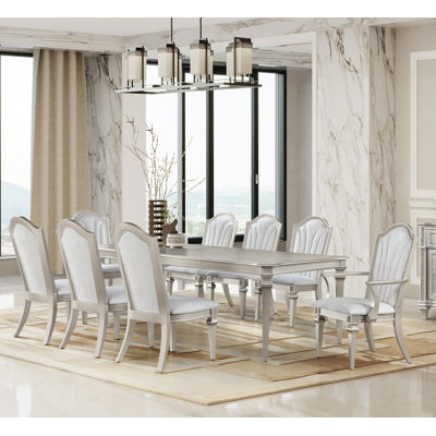 Tillmon Dining Table Set with Extension Leaf in Ivory and Silver