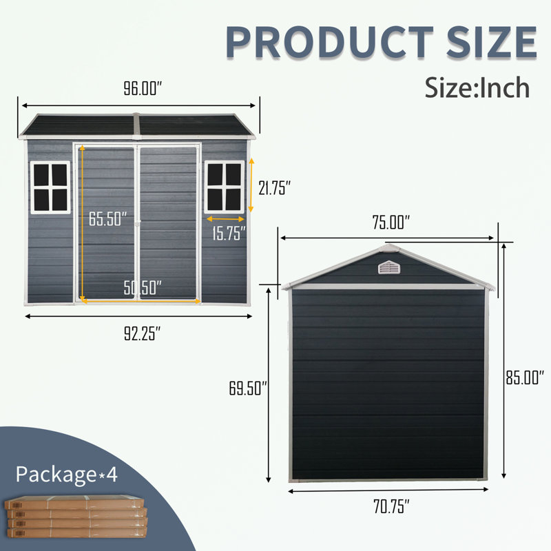 Outdoor Storage Waterproof shed with Floor, Two Windows and Lockable Door, Black, 85" H x 96" W x 75" D