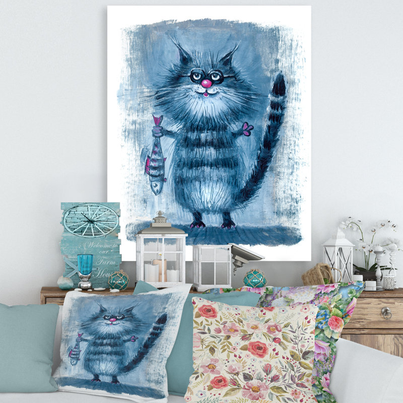 Chat tenant un poisson dans ses griffes - peinture sur toile, H 20 po x l 12 po x P 1po, Toile tendue