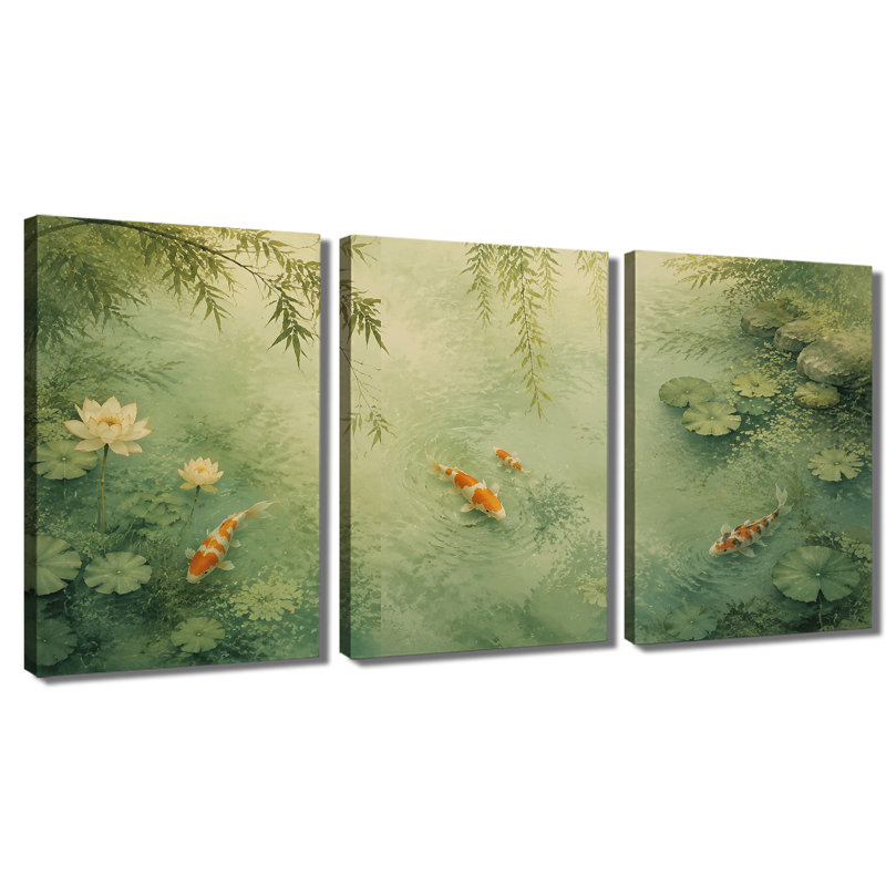 3 panneaux muraux lotus koi aquarium de paysage oriental, reproduction d'art sur toile, 20*30inch*3