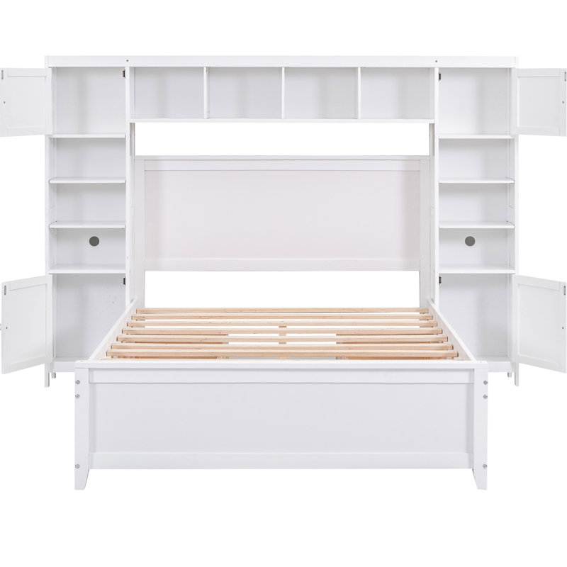 Lit double en bois avec armoire intégrée, une tablette et un rangement - Blanc espace, Blanc