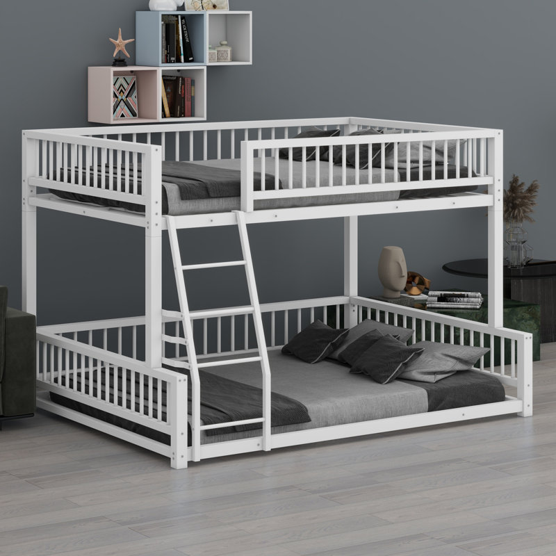 Floor Bunk Bed Frame With Ladder And Safety Guardrails, Full XL over Queen, White