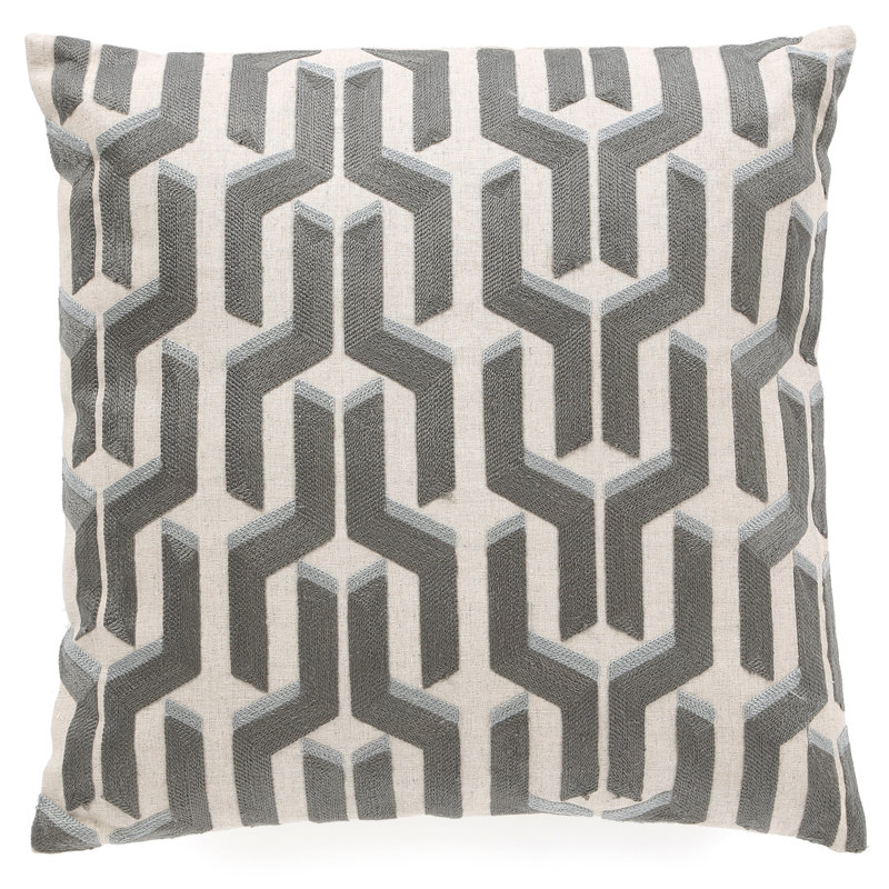 Dawson Embroidered Feather Linen Reversible Throw Pillow, Silver/Blue