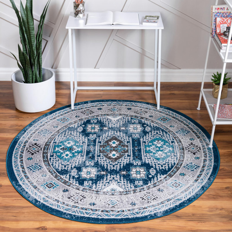 Tapis bleu à motif géométrique Dota, Rond 8 pi