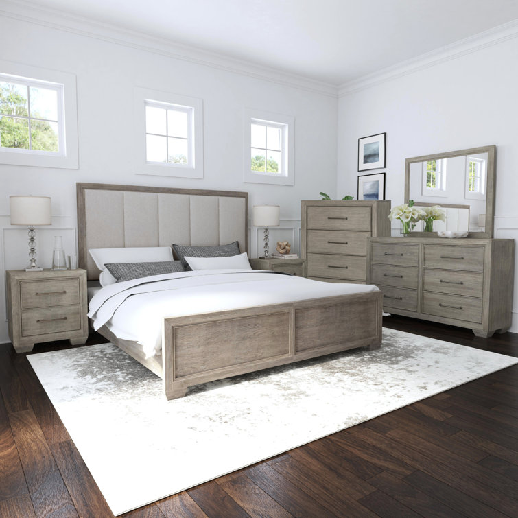 Transitonal Style Gray Solid Wood 4pc Bedroom Set Queen Size Bed Dresser Mirror Nightstand Master Bedroom Furniture