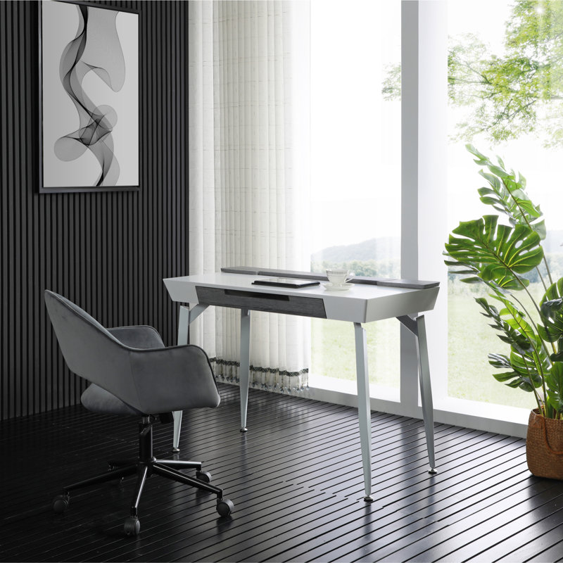 Bureau avec 3 tiroirs et rangement supérieur, Blanc / gris