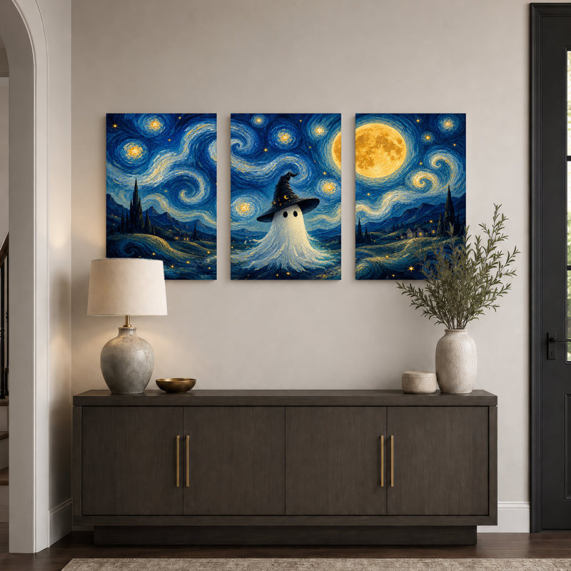 Ensemble de 3 toiles murales représentant un fantôme coiffé d'un chapeau de sorcière noir, sous un tourbillon d'Halloween