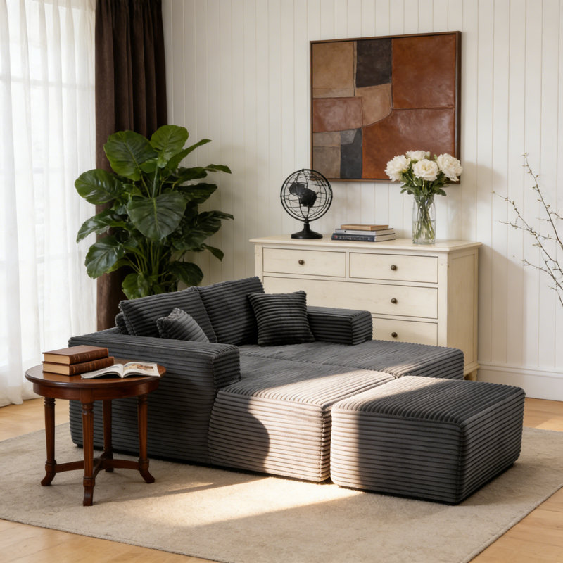 73.4" Corduroy 2-Seater Compression Sofa with Ottoman, No Assembly Required, Foam & Independent Pocket Springs, Gray