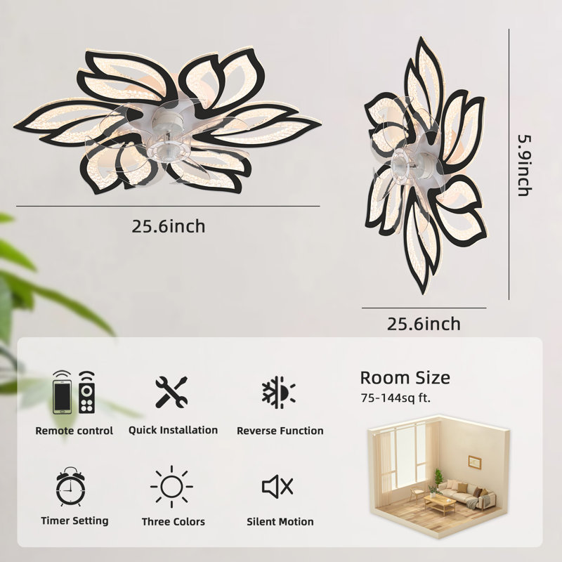 Ventilateur de plafond encastré à 7 pales avec télécommande et ensemble d'éclairage inclus, Noir