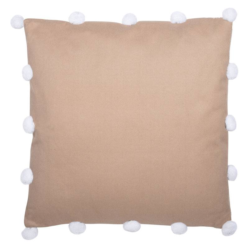 Temi Neutral Pom Pom Accented 19" Square Throw Pillow in Beige and White