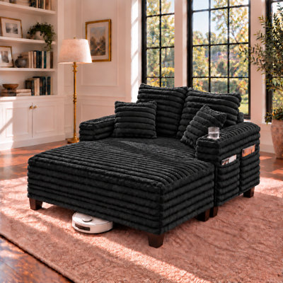 Chaise Lounge Chair Indoor,  64" Oversized Sleeper Chair With Wood Frame, Upholstered Sofa Bed For Living Room, Movie Room, Bedroom With 4 Storage Pockets& 2 Cup Holders(plush Corduroy, Black)