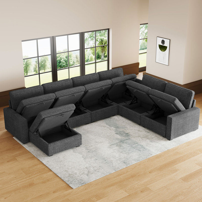 U-Shaped Stoarge Sofa Convertible Oversized Livingroom Couch, Black Chenille