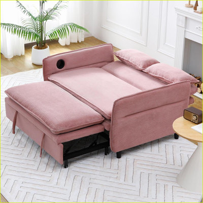 Sofas | 65.74-Inch Sage Green Lettered Stripe Sofa Bed with Adjustable Features &amp; Cup Holders | Green, Lettered Stripe