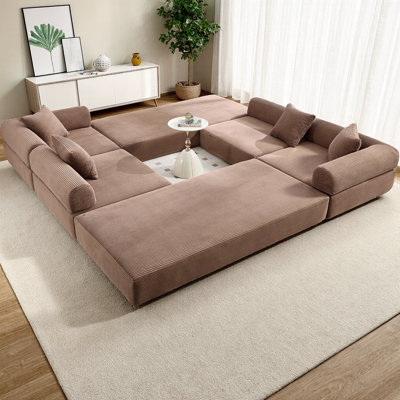 Convertible Folding L-Shaped Boneless Sectional Sofa Bed, Cloud Corduroy Fabric Sleeper with Memory Foam Mattress, 6 Configurations for Living Room, No Assembly Required