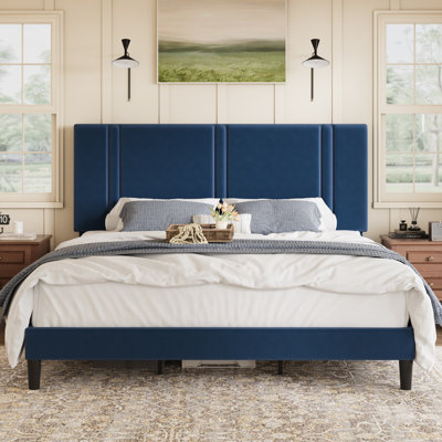 Modern Low-Profile Velvet Upholstered Platform Bed Frame With Headboard
