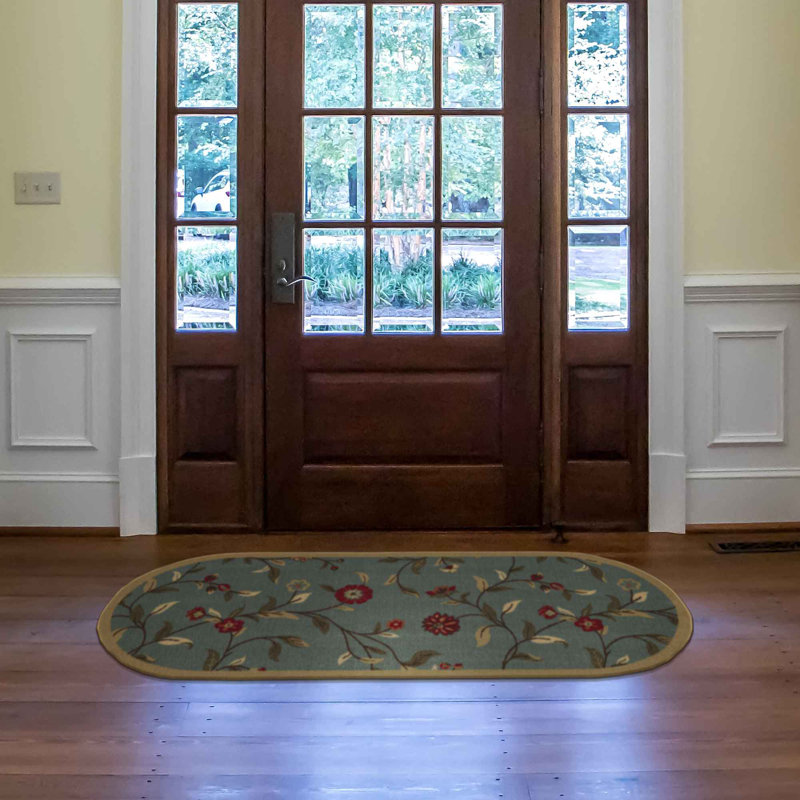 Ottohome Non-Slip Floral Leaves Area Rug For Living Room, Hallway, Entryway Rug, Seafoam Green, Oval 2' x 5'