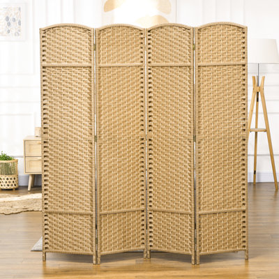 Paravent à 4 panneaux, paravent de 5,6 pi pour le bureau à domicile. Style en bois naturel avec détails tissés à la main. Des pièces polyvalentes. Fabriqué à partir d'une structure solide et de sangles en polypropylène. Léger et