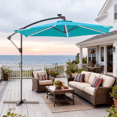 Parasol décalé solaire 10 'à DEL avec 6 bandes lumineuses et poignée pliable, parasol d'extérieur pour patio