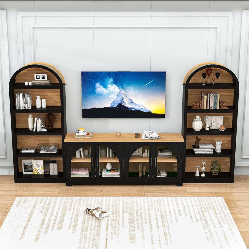 Meuble télé en bois avec tablettes arquées, portes en verre trempé et tablettes réglables, Noir