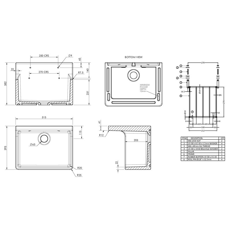 Single Bowl Kitchen Sink, 38.2cm H x51.5cm W x 39.3 cm D