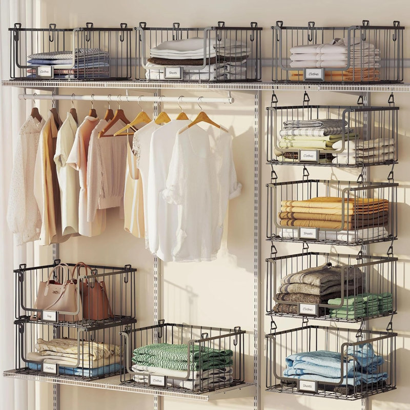 3-Pack Hanging Laundry Organizer, Stackable Wire Shelf Storage with Label Cards