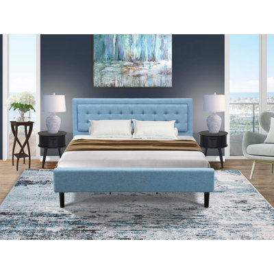 Ensemble de chambre avec très grand lit plateforme 3 pièces avec 1 cadre très grand et 2 tables de bout pour la chambre à coucher - Fabrication fiable et robuste - Tissu en lin bleu denim