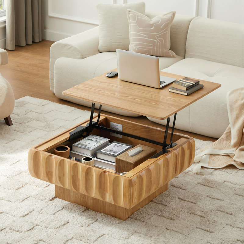 Table basse carrée à plateau relevable avec structure en bois massif et rangement caché, Bois naturel
