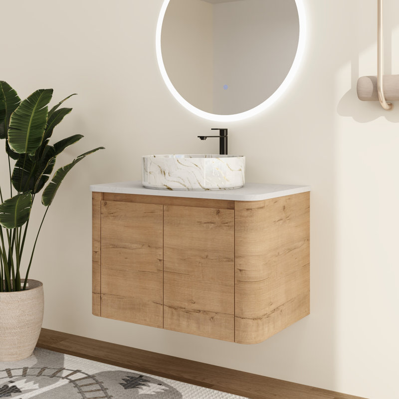 Varnby 30'' Wall-Mounted Single Bathroom Vanity With Ceramic Sink , 30", White with Golden Lines