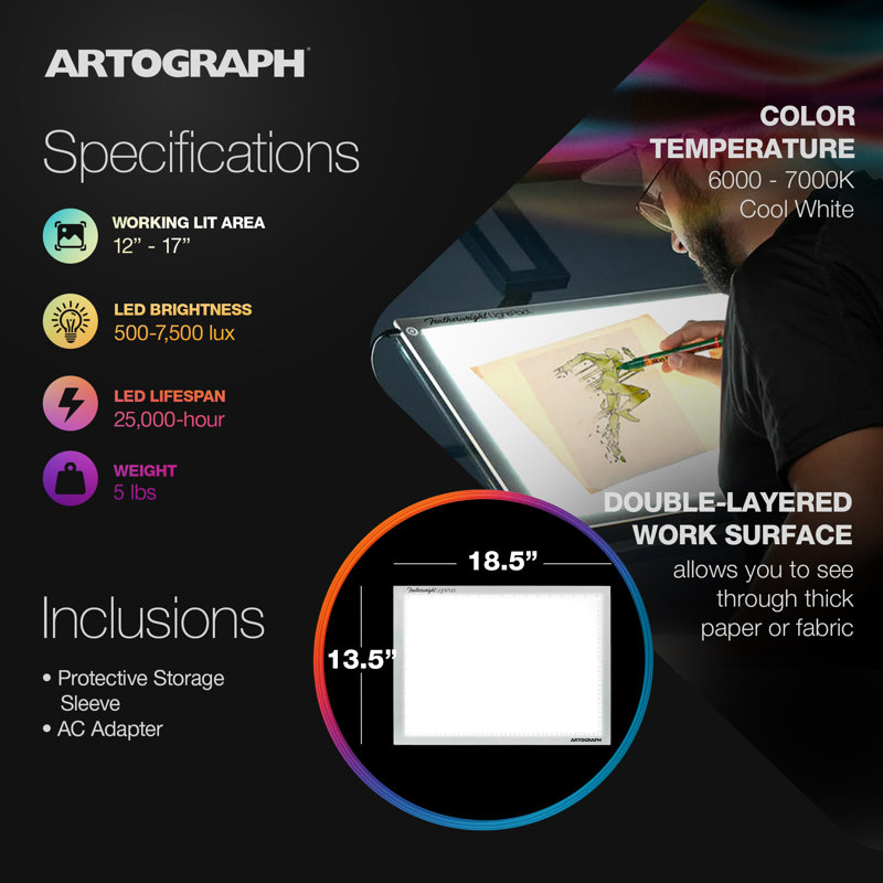 Tablette lumineuse Artograph Featherweight 12x17" à intensité variable et support empilable PadPucks