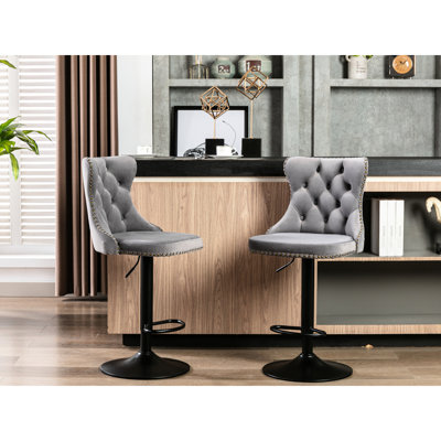 Moderne en velours gris rembourré avec dossier, de 2, pivotant sur 360 °, siège réglable de 25 à 33 po, base de 17,7 po, rivets martelés à la main, ergonomique confortable pour la salle à manger