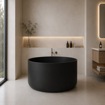 41" Modern Round Deep Solid Surface Freestanding Matte Black Soaking Tub 