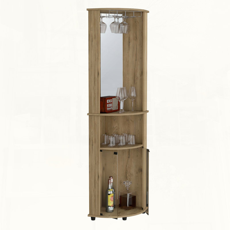 Mirrored Corner Bar Cabinet with Glass Doors and Stemware Rack, Beige