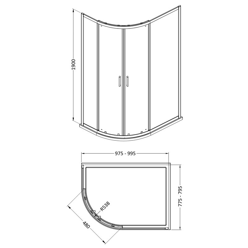 Rene 1900 x 1000 x 800mm Quandrant Shower Enclosure, Brushed Brass