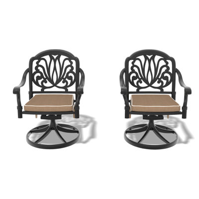 2Pcs Cast Aluminum Swivel Chairs For Patio With Black Frame And Cushions. Weather Resistance, Ergonomic Seat . Easy Assembly Chair Of 2 Protected, Wide Thick Extra Comfort. Quick