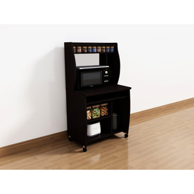 Utility Cart With And Spice Rack Shelf, Mobile On Locking Castors, Toned Finish, Suitable For Coffee Machine Computer Desk Use, Gliding Keyboard Tray, Particle Board+ Construction, 29.5 In Depth,
