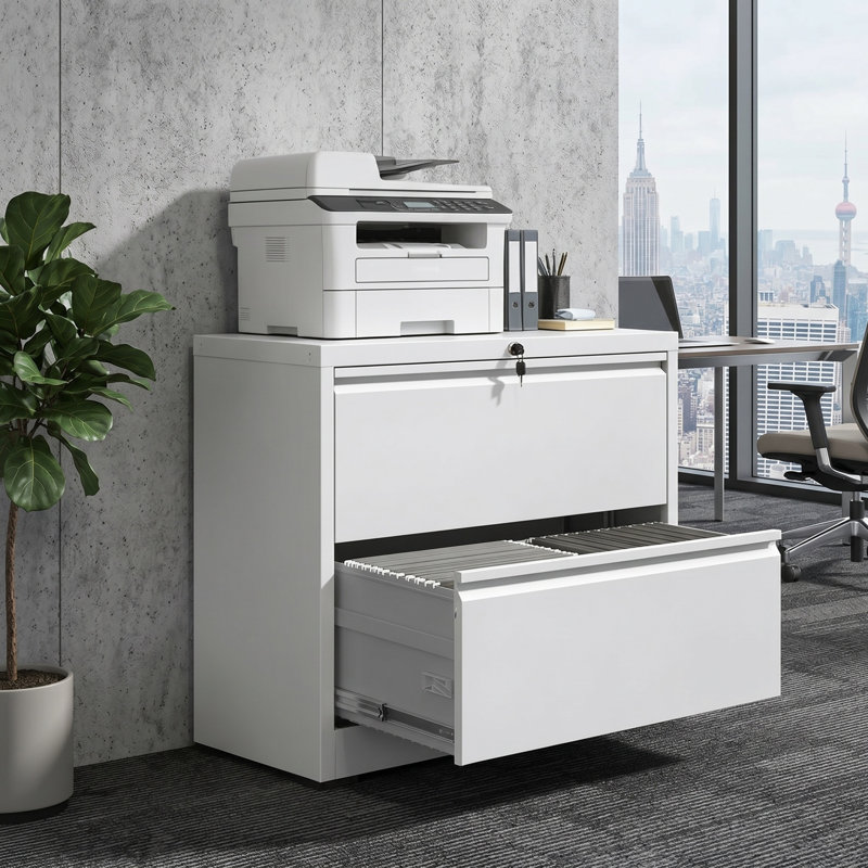 Classeur 35 po à 2 tiroirs, classeurs en métal pour rangement de bureau personnel avec finition blanche