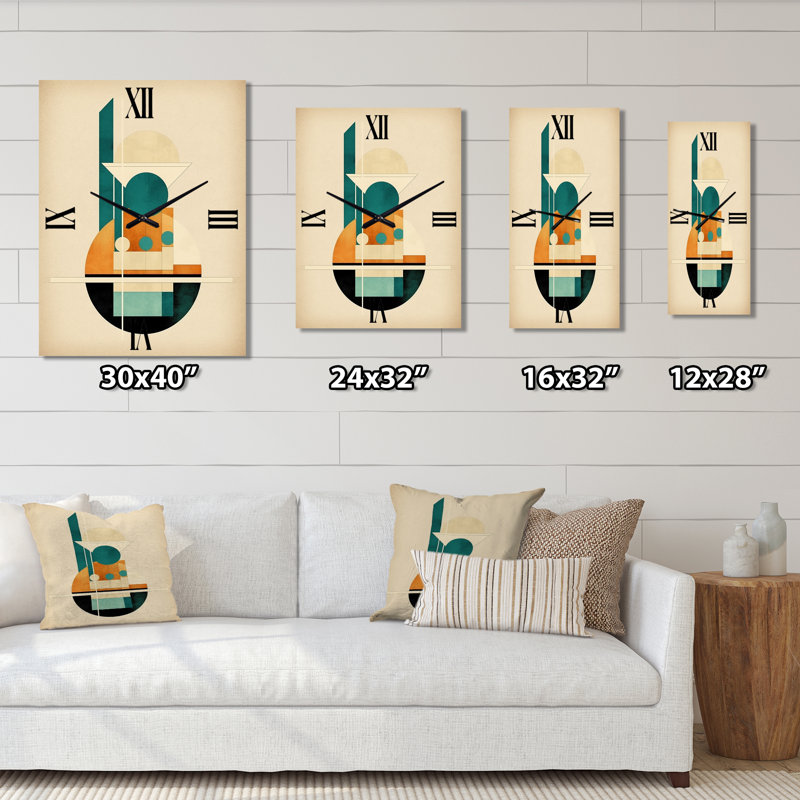 Glorious Full Moon Retro Gold & Teal Abstract II - Horloge murale moderne géométrique, H 32 po x l 16 po x P 1 po