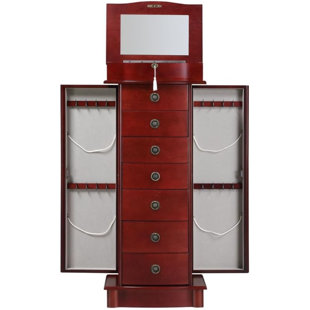 Armoire pour bijoux sur pied, organisateur de rangement pour bijoux verrouillable avec miroir rabattable, 2 portes latérales, 7 tiroirs, cerisier