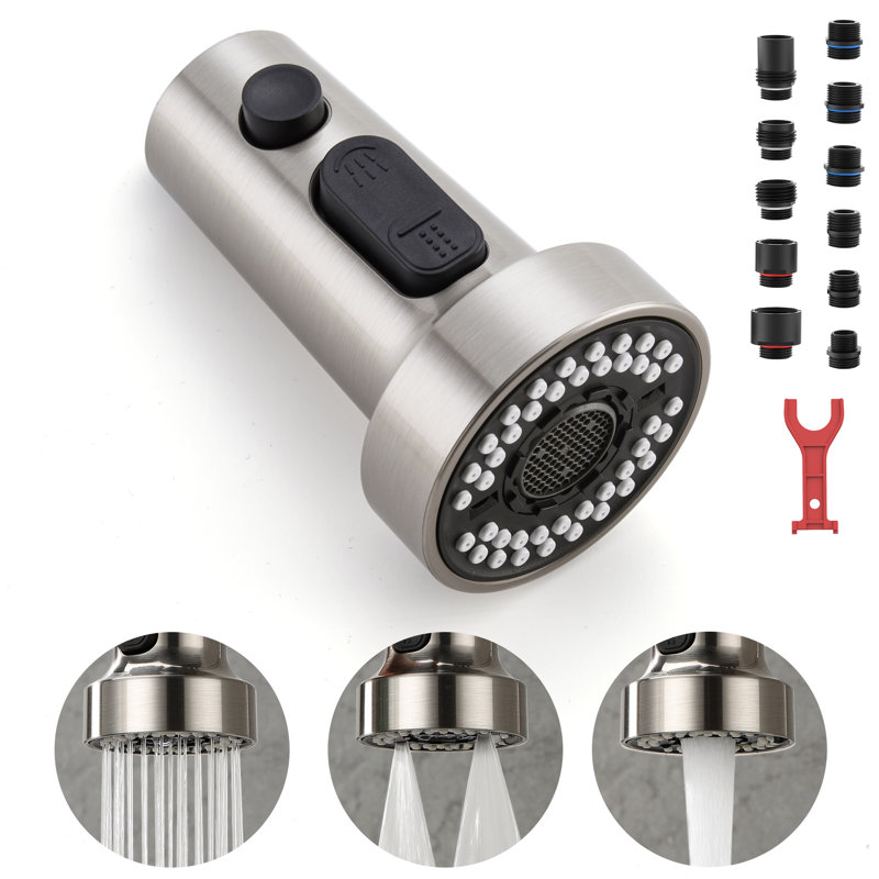Tête de robinet de cuisine rétractable à 3 fonctions avec 11 adaptateurs, Nickel brossé