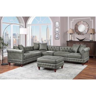 Ensemble modulaire en similicuir respirant gris ardoise 2X Causeuse / méridienne réversible et 2X coussins de repose-pieds capitonnés