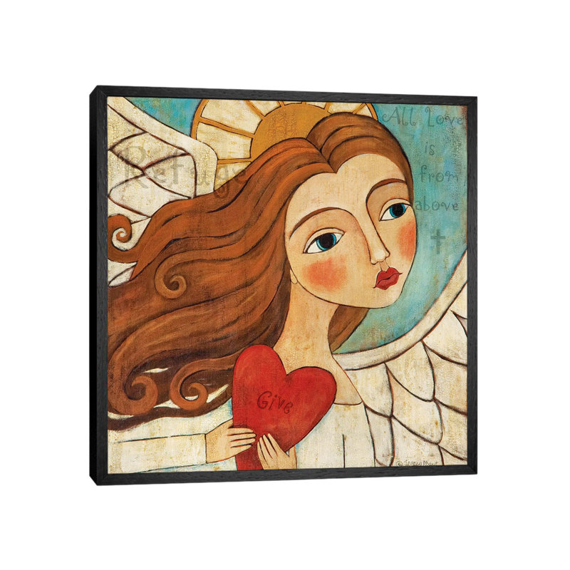 Angel In Blue With Word by Teresa Kogut - Painting on Canvas, 45.72 cm H x 45.72 cm W, Black Framed