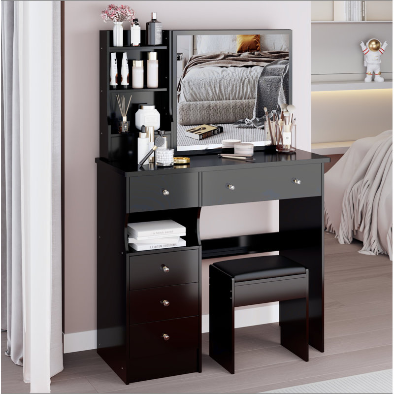 37" Middle Size Left Drawer Desktop Vanity Table + Cushioned Stool, Extra Large Right Sliding Mirror, Multi Layer High Capacity Storage, Practical Fashionable Dresser, Suitable For Large Space