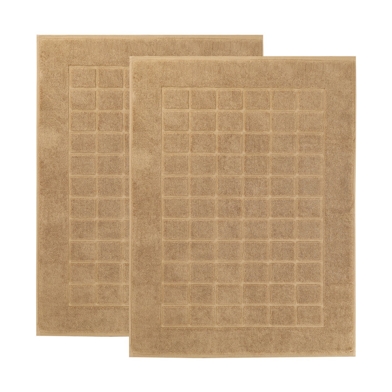 Nora Cotton Terry Solid Absorbent Thick Checkered Washable Bath Mat Set Of 2, Latte