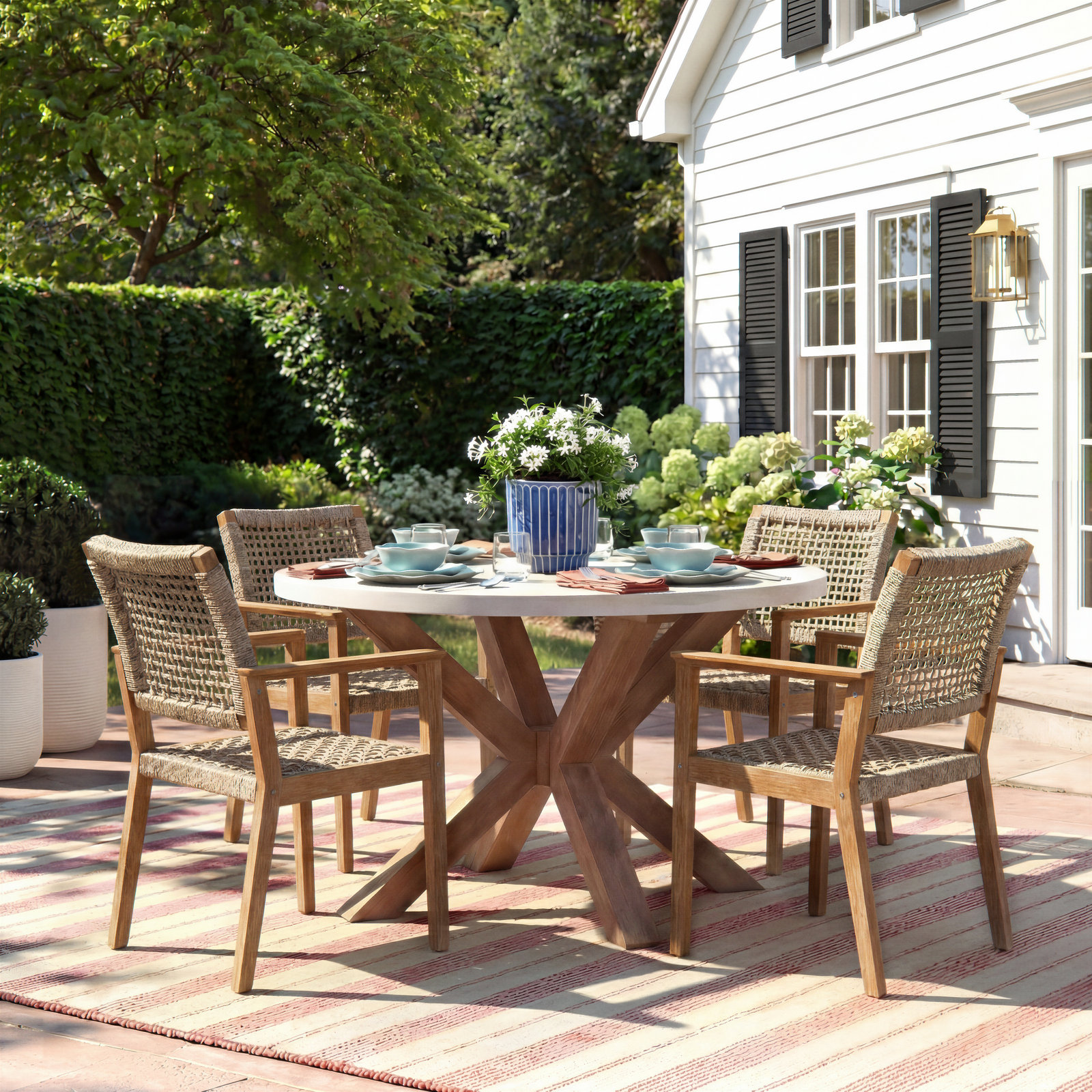 Fleur 5 Piece Eucalyptus Dining Set with Nautical Rope Chairs
